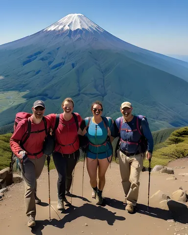 Amigos suben al pico del Monte Fuji