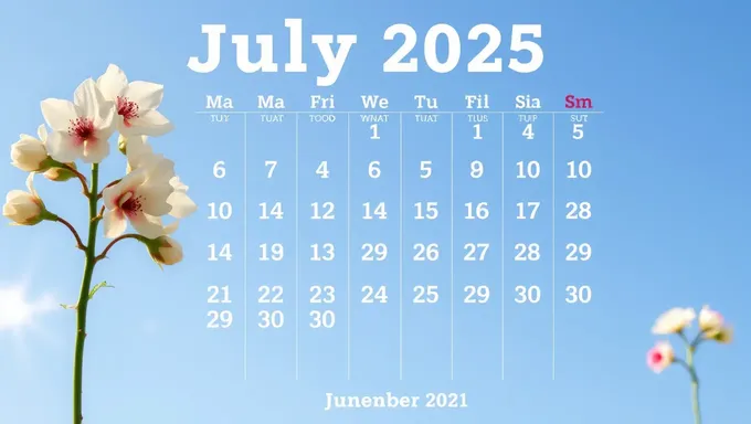 Calendario impreso de julio de 2025 descargable y personalizable