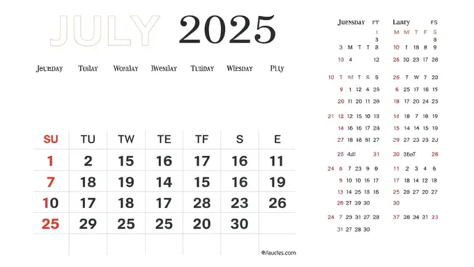 Calendario impreso de julio de 2025 para planificar con anticipación