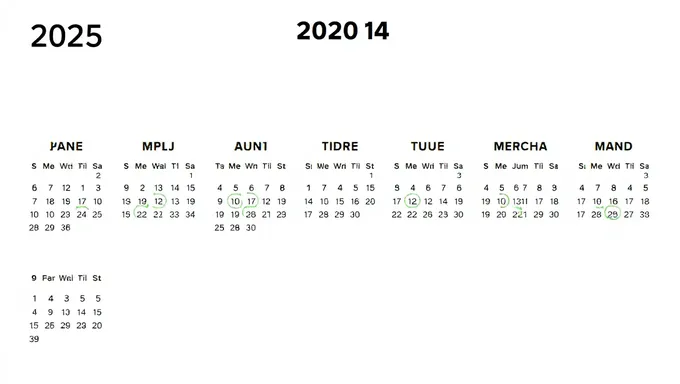 Calendario semanal de 2025 con días