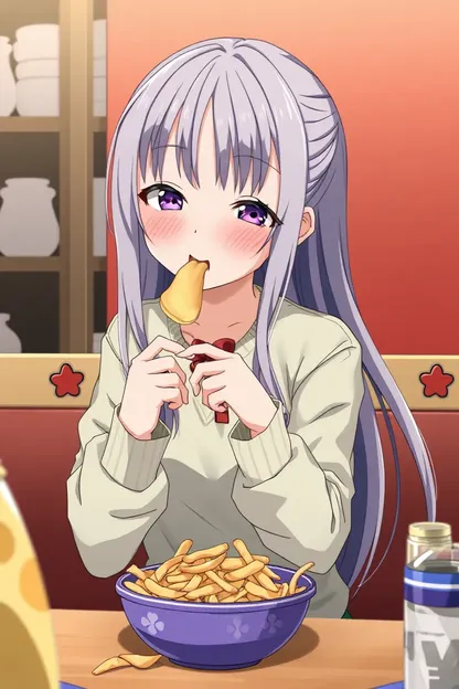 Chica de anime adorable comiendo patatas en forma de GIF