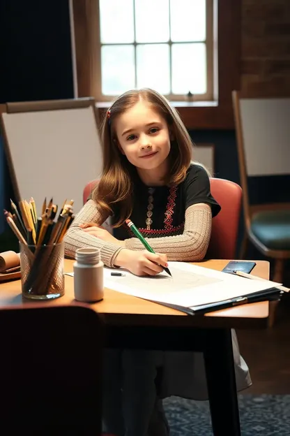 Chica hermosa sentada dibujando en escritorio