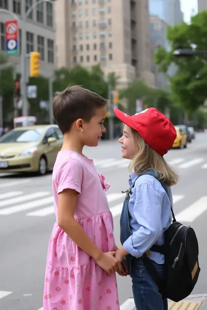 Confrontación entre un niño y una niña en la plaza de la ciudad