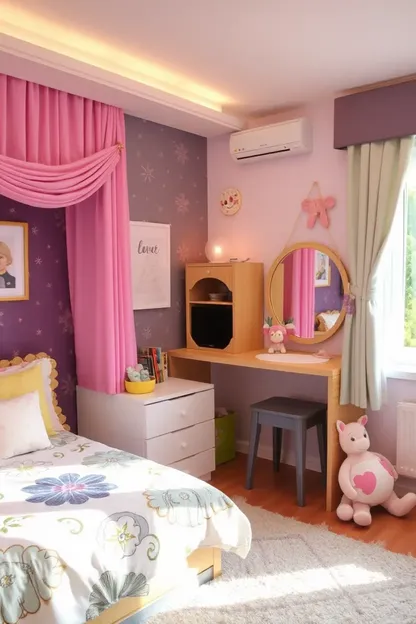 Decoración de habitación de niñas con colores rosa y morado