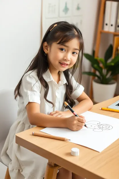 Dibujo de niña hermosa sentada en escritorio