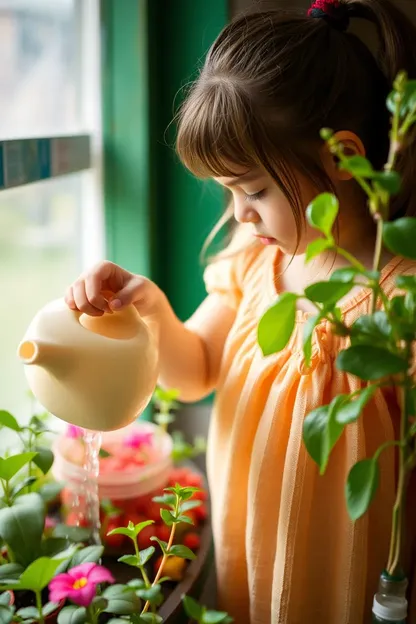 El Cuidado de la Niña con Su Planta es Regar