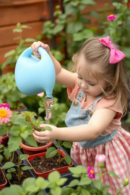 El amor de la niña por las plantas es visible en el riego