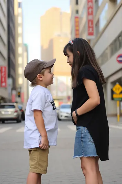 Encuentro entre un niño y una chica en el centro de la ciudad