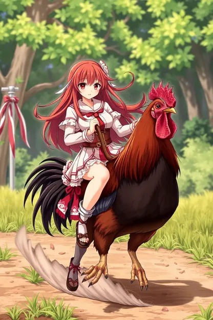 Escena de niña rubia de anime montando a un gallo