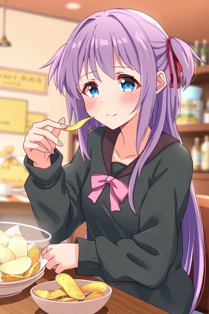 GIF Animado de Niña de Anime Disfrutando Patatas Fritas