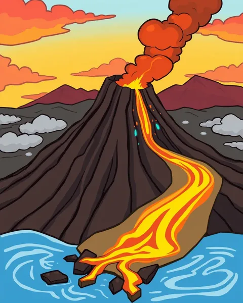 Imagen de volcán cartoon que destaca lava y cenizas