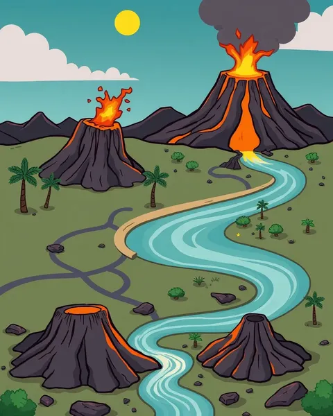 Imágenes Coloridas de Volcanes Eruptivos en Cartoon