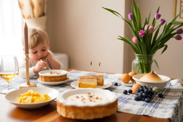 Imágenes de Pascua feliz que muestran decoraciones y comida para la fiesta