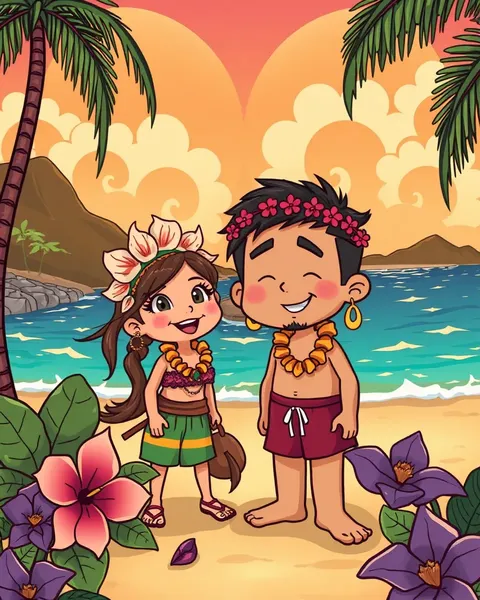 Imágenes de caricaturas hawaianas muestran aventuras divertidas en la playa