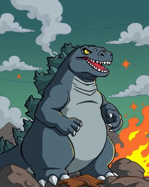 Imágenes de cartoon de Godzilla que muestran un monstruo en llamas