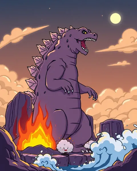 Imágenes de dibujos animados de Godzilla en ruinas de la ciudad