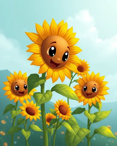 Imágenes de dibujos animados de girasol, brillantes y alegres