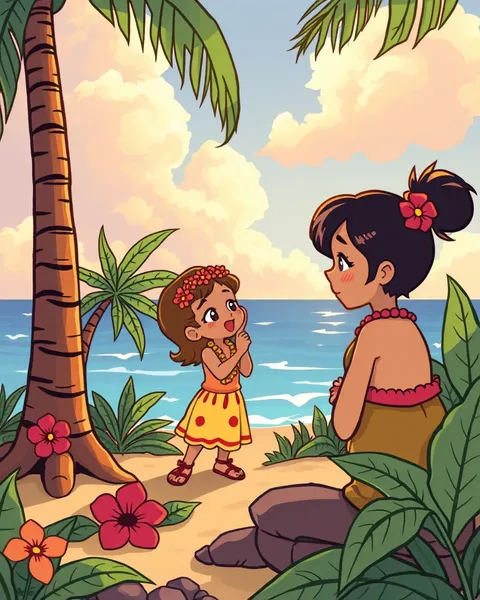 Imágenes de dibujos animados hawaianas con paisajes de islas coloreados