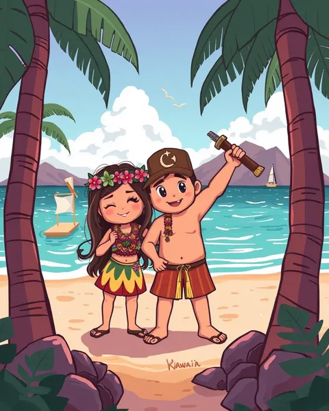 Imágenes de dibujos hawaianos que representan escenas de vida en la isla tropical