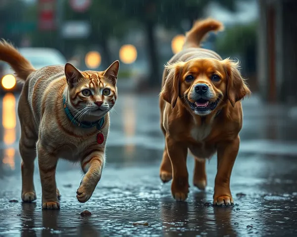 Imágenes de gatos y perros en una lluvia torrencial