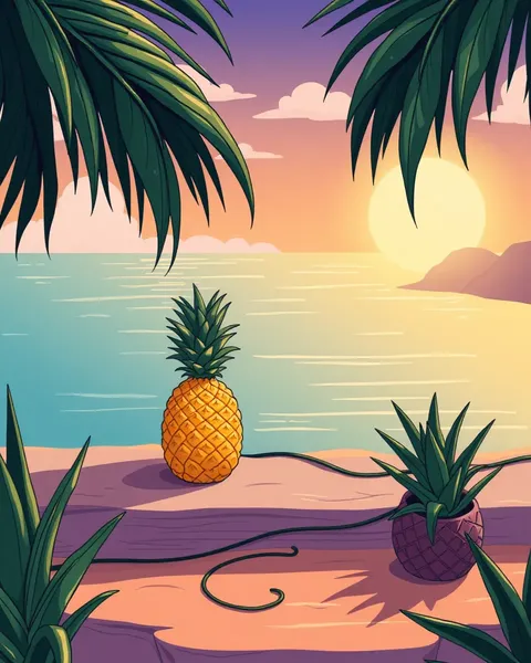 Imágenes de piña de dibujo animado en ilustraciones coloridas vibrantes