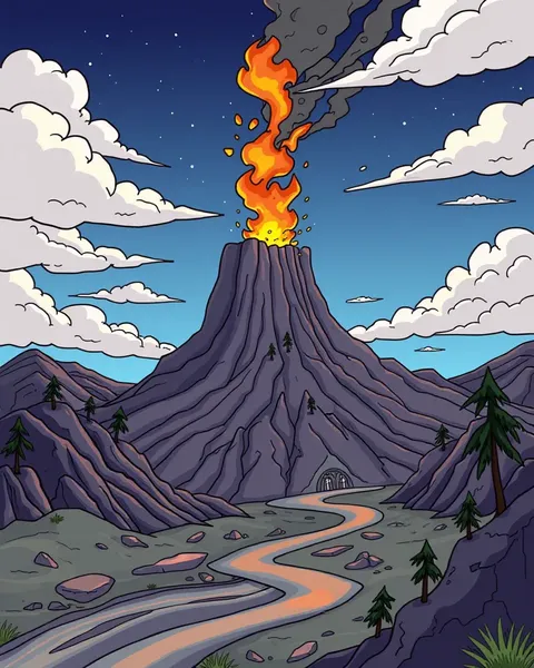 Imágenes de volcán de cartoon con escenas de erupción explosiva