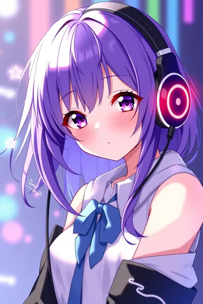 La chica anime con cabello morado y auriculares es fashionable