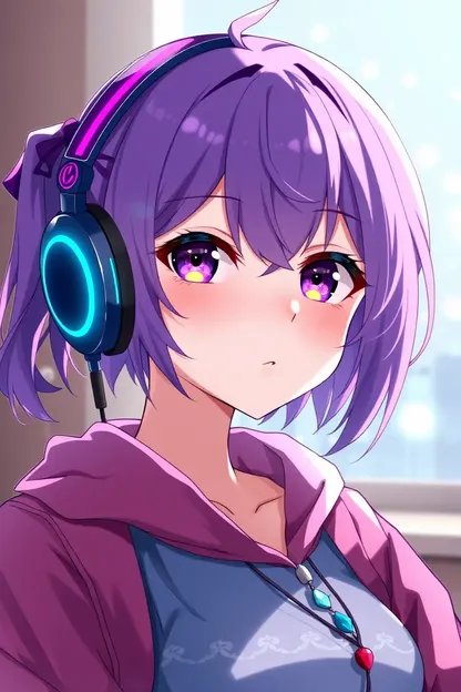 La chica anime de cabello morado con auriculares es adorable