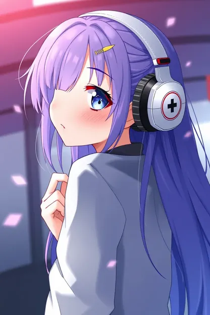 La chica anime disfruta de la música con el cabello morado y auriculares