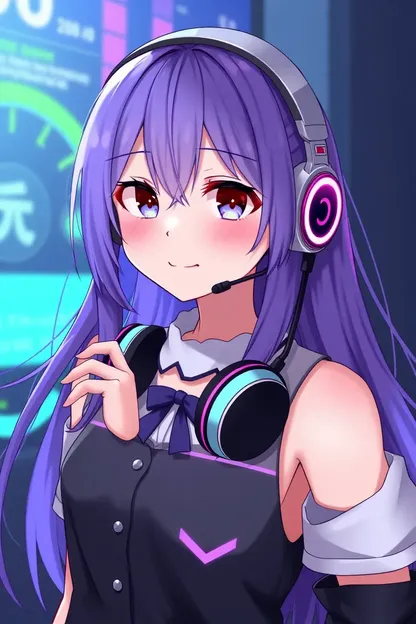 La chica anime lleva auriculares con cabello morado