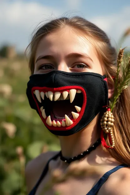 La chica con máscara de dientes afilados y pechos grandes descubierta