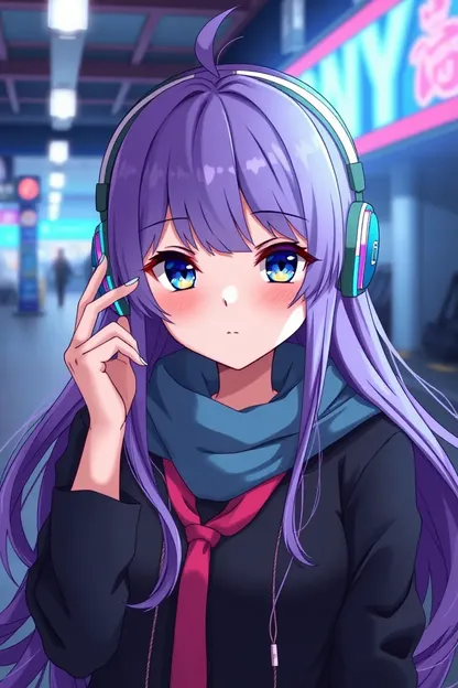 La chica de anime lleva cascos de audio con cabello morado vibrante