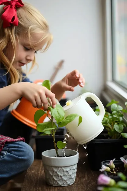 La chica regando el plante con cuidado suave