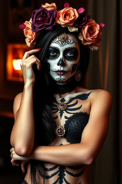 La forma desnuda de la Dama Calavera emana encanto sensual y sexy