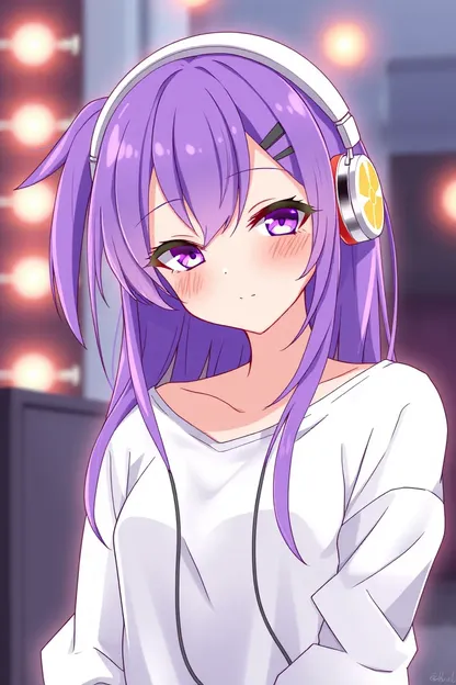 La muchacha con cabello morado lleva auriculares anime