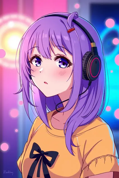 La niña anime con el cabello morado disfruta de la música de auriculares