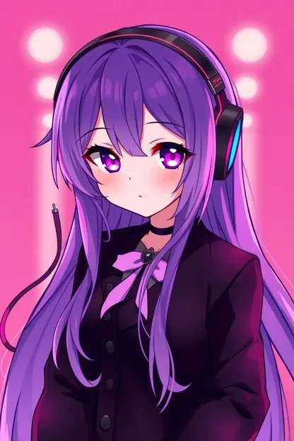 La niña anime lleva el cabello morado con auriculares