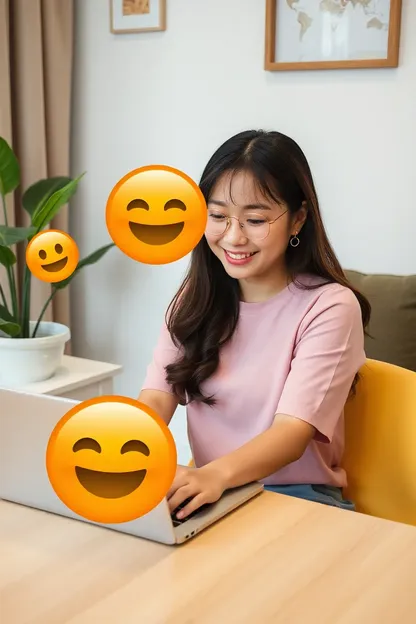 La niña asiática trabaja en la laptop con emoji de memoji