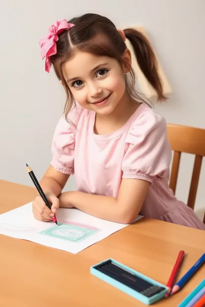 La niña hermosa sentada en su mesa de dibujo