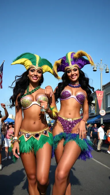 Las tetas de Mardi Gras llevan máscaras y sombreros coloridos