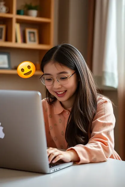 Memoji emoji en el portátil con niña asiática