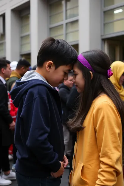 Niño y niña cara a cara en la multitud