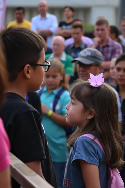 Niño y niña de pie en escena de multitud