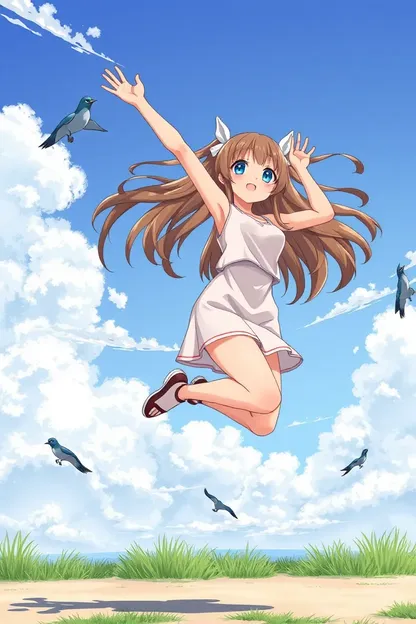 Pose de salto en acción de la chica anime con energía