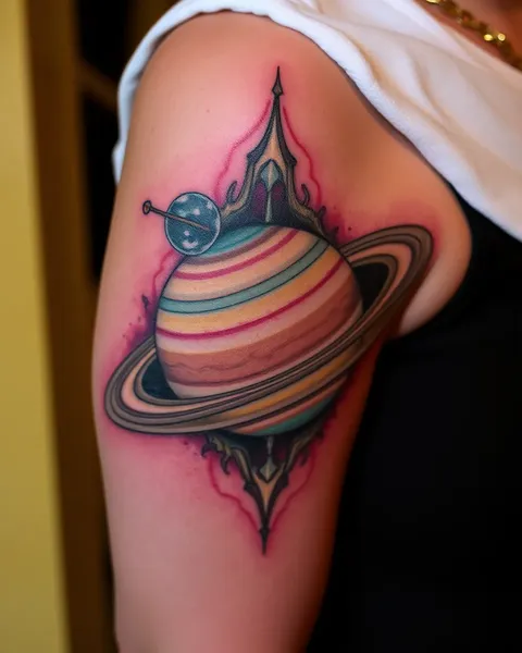 Tatuaje de planeta Saturno audaz para bíceps