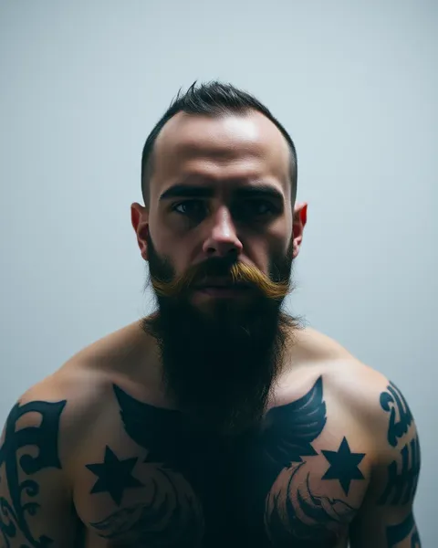 Tatuajes y barba en el cuerpo de un estrella del porno masculino