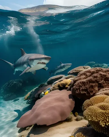 Tiburones Dominan Espacio Oscuro del Mar Profundo Azul