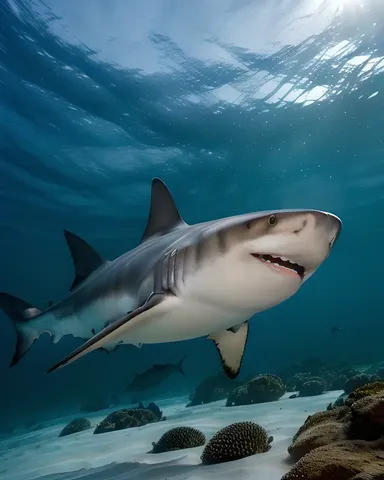 Tiburones Nadan a Través de la Oscuridad del Océano Azul