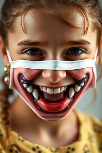 Una niña con mascarilla de dientes afilados y pechos grandes