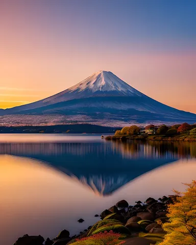 Vista serena del atardecer del Monte Fuji desde los Cinco Lagos de Fuji